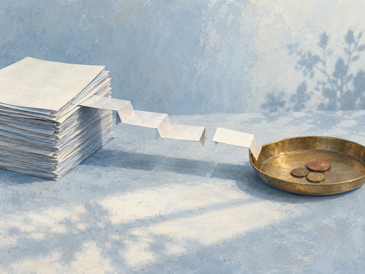 Conceptual illustration of invoices separated from a cash tray by a gap in a paper bridge