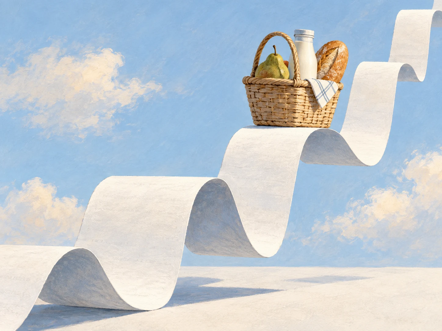 Conceptual illustration of a grocery basket on a rising path made from a receipt